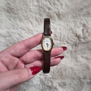 Retro Vintage Timex Watch Face Oval Gold Tone White Face Thin Brown Leather Used